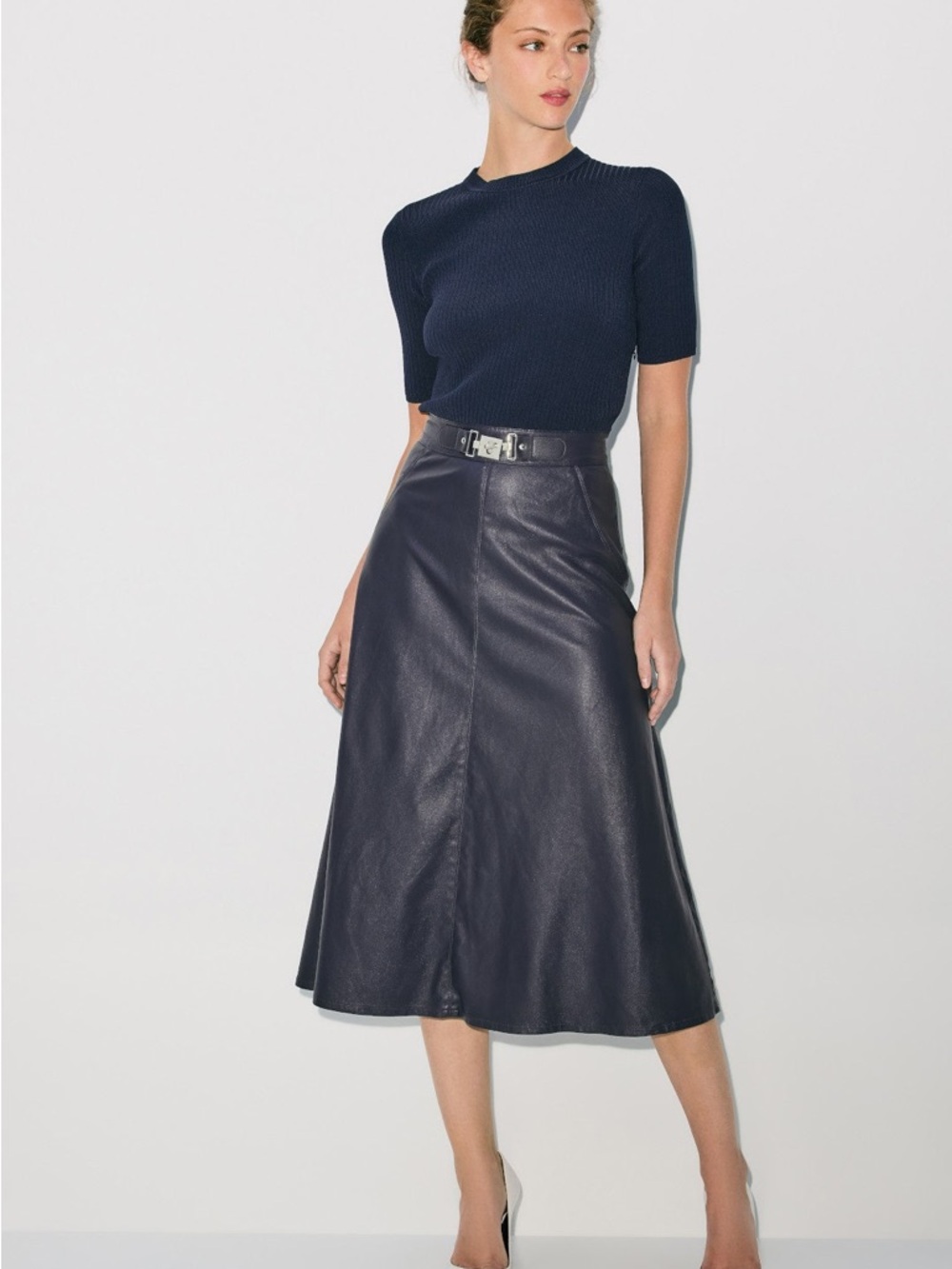 Shoshanna Navy Faux-Leather A-Line Midi Dress